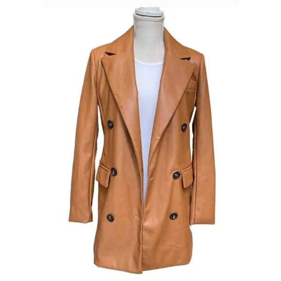 NWT Women's 7 For All Mankind Brown Faux Leather Double Breasted Blazer size L - Picture 1 of 4